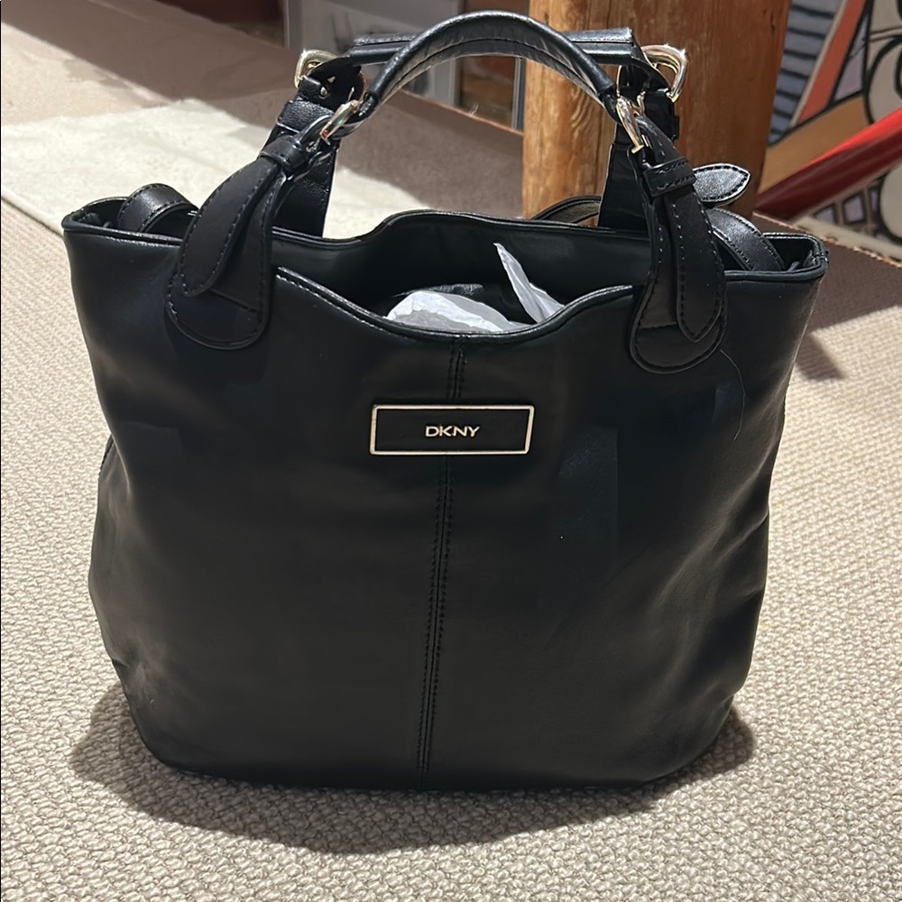 DKNY Black Glossy Tote Bag with Structured Design